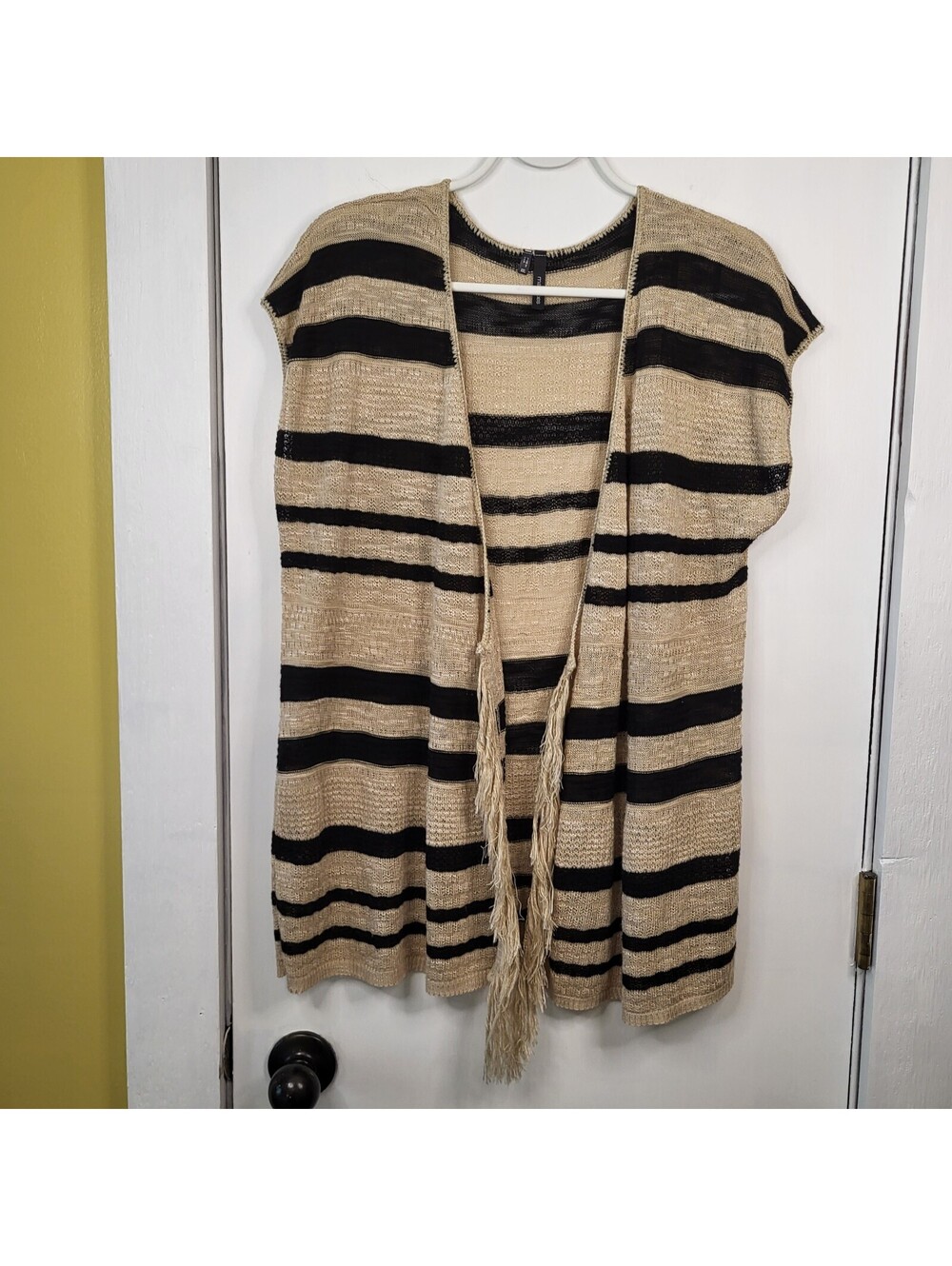 Maurices open-knit cardigan tan & black striped with fringed vertical edge front